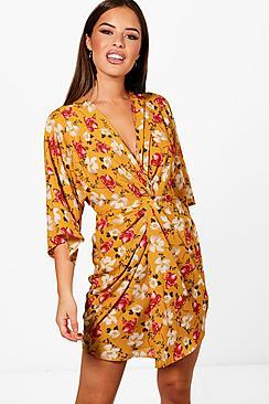 Boohoo Petite Yasmin Floral Knot Front Woven Dress