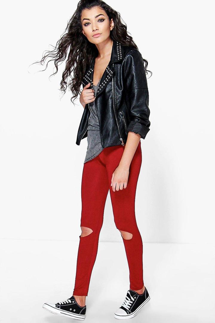 Boohoo Lola Ripped Knee Basic Jersey Leggings Berry