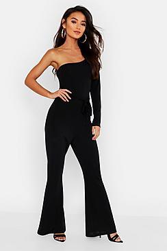 Boohoo Petite Slinky One Shoulder Flare Jumpsuit