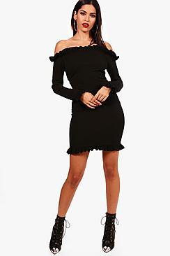 Boohoo Lisa Off The Shoulder Frill Edge Bodycon Dress