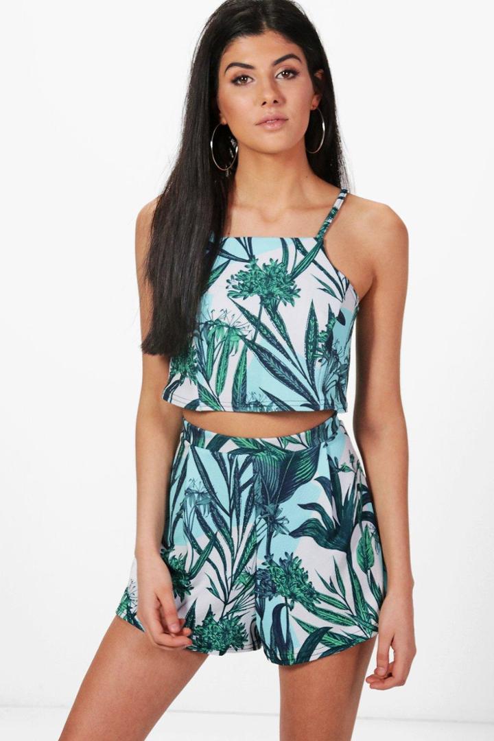 Boohoo Paige Palm Print Crop & Shorts Co-ord Set Multi