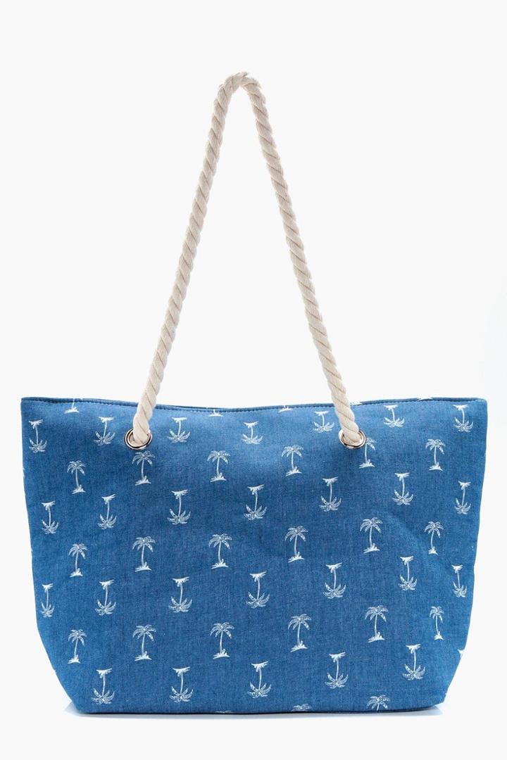 Boohoo Lizzie Palm Tree Beach Bag Denim-blue