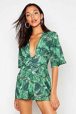 Boohoo Tall Palm Print Tie Front Playsuit