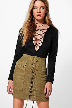 Boohoo Nicia Lace Up Front Pocket Side Suedette Skirt