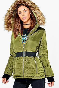 Boohoo Petite Sophie Quilted Jacket With Faux Fur Hood