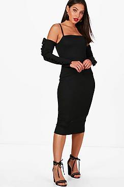 Boohoo Cold Shoulder Frill Midi Dress