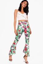 Boohoo Freya Tropical Palm Dipped Ruffle Hem Trousers White