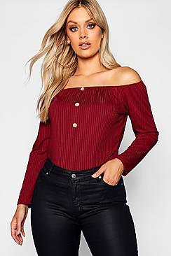 Boohoo Plus Horn Button Down Ribbed Bardot Top