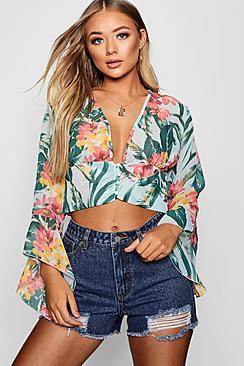 Boohoo Avery Button Up Floral Chiffon Crop