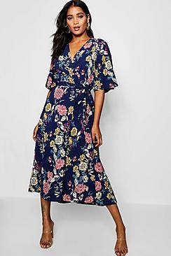 Boohoo Nancy Angel Sleeve Floral Wrap Midi Dress
