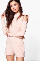 Boohoo Tara Open Shoulder Ruffle Sleeve Playsuit Nude