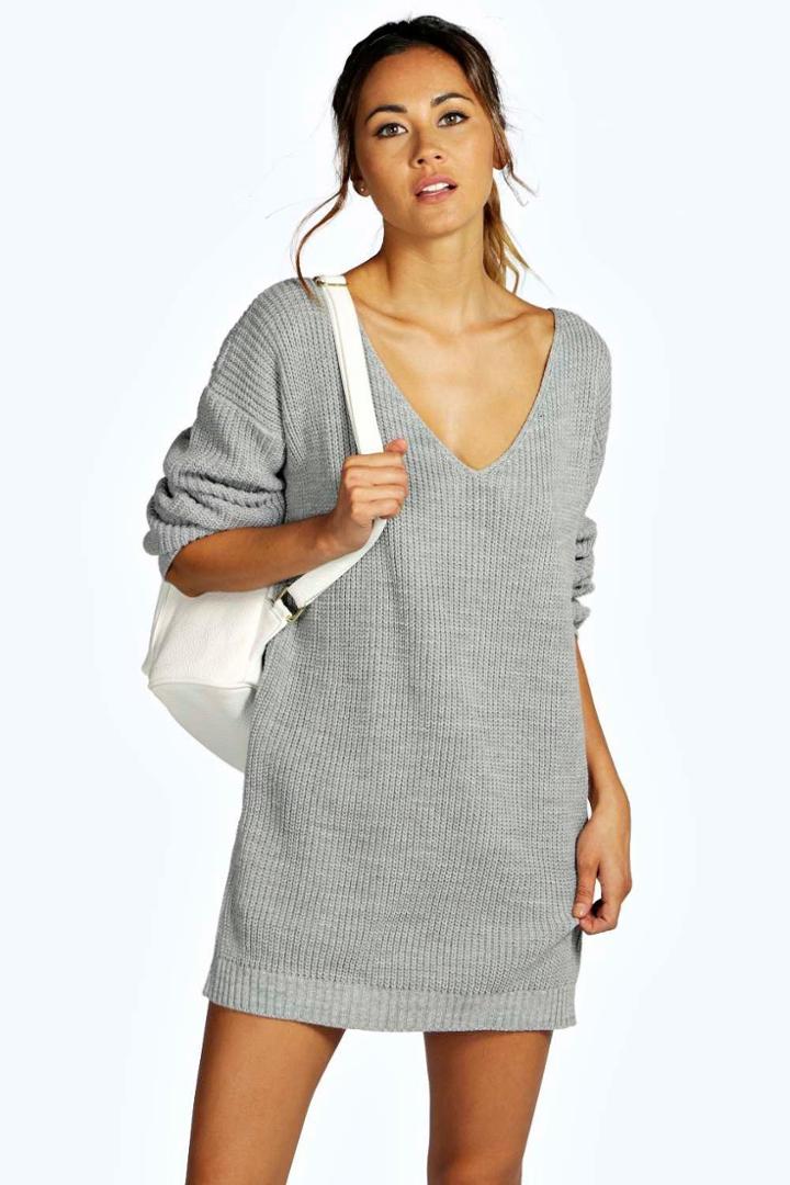 Boohoo Bella V Neck Jumper Mini Dress Silver