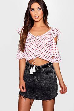 Boohoo Petite Polka Dot Ruffle Top