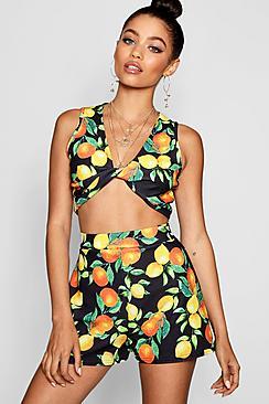Boohoo Josie Twist Detail Orange Print Crop Short Co-ord