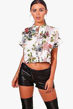 Boohoo Petite Floral Ruffle Short Sleeve Shirt