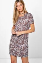 Boohoo Emma Floral Brushed Knit Shift Dress Mocha