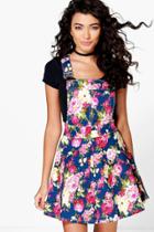 Boohoo Casey Floral Print Denim Pinafore Navy