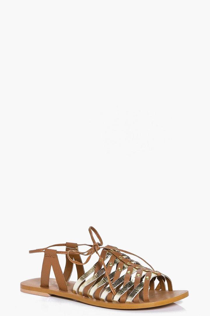 Boohoo Ivy Leather Woven Peeptoe Wrap Strap Sandal Tan