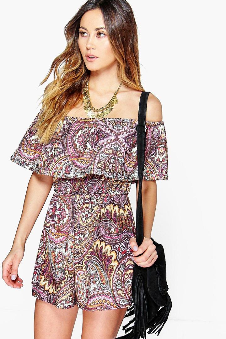 Boohoo Eve Multi Paisley Print Off The Shoulder Playsuit Multi