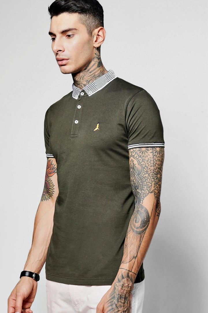 Boohoo Jersey Polo With Jaquard Collar Khaki