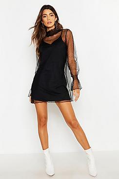 Boohoo Dobby Mesh High Neck Sheer Dress