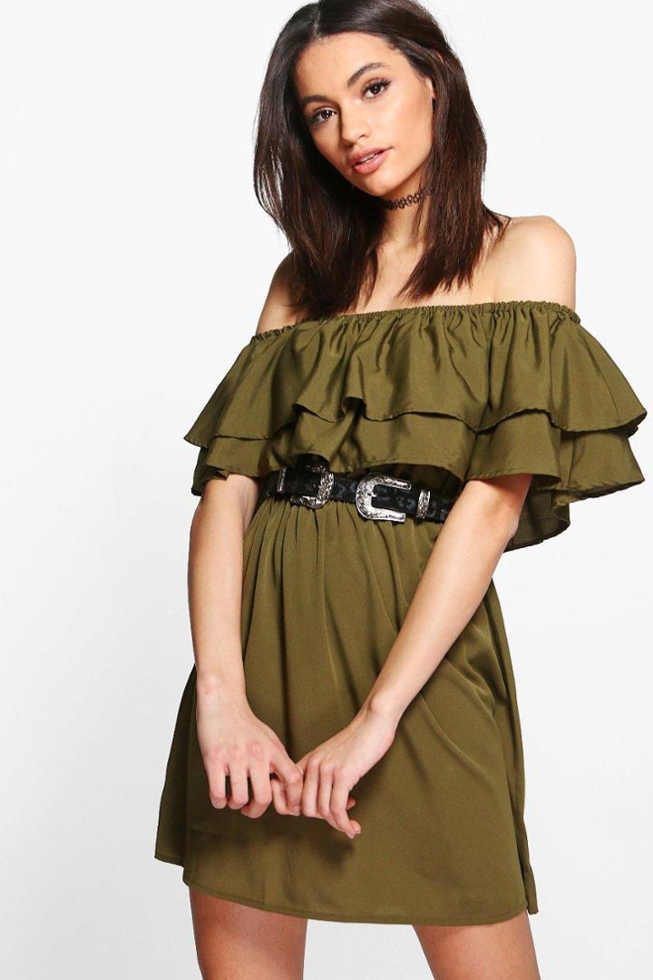 Boohoo Timi Double Frill Off Shoulder Shift Dress Khaki