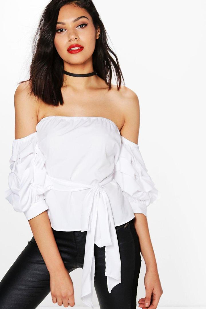 Boohoo Samantha Tie Waist Ruched Sleeve Bardot Top White
