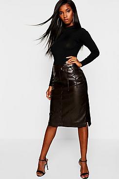 Boohoo Pu Leather Look Tie Belt Midi Skirt