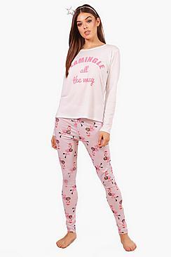 Boohoo Abbie Pink Flamingle Christmas Long Sleeve & Legging Set