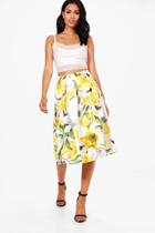 Boohoo Saskia Lemon Print Box Pleat Full Midi Skirt Yellow