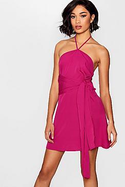 Boohoo Halterneck Tie Front Shift Dress