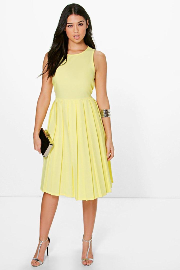 Boohoo Silvia Sleeveless Pleat Detail Midi Dress Lemon