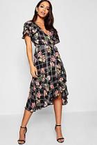 Boohoo Floral Check Ruffle Shoulder + Hem Midi Dress