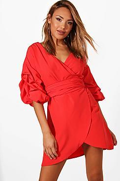 Boohoo Emily Volumised Rouched Wrap Shirt Dress