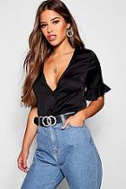 Boohoo Petite Frill Sleeve Satin Button Blouse