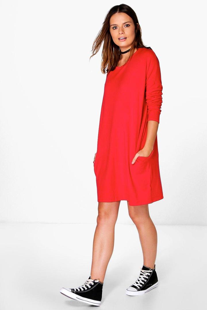 Boohoo Caroline Oversized Knitted Dress Red
