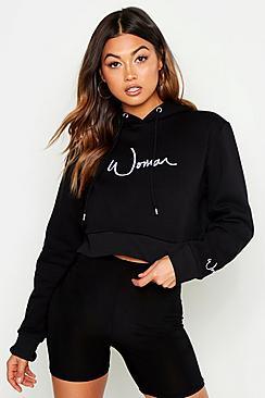 Boohoo Woman Slogan Cropped Hoodie