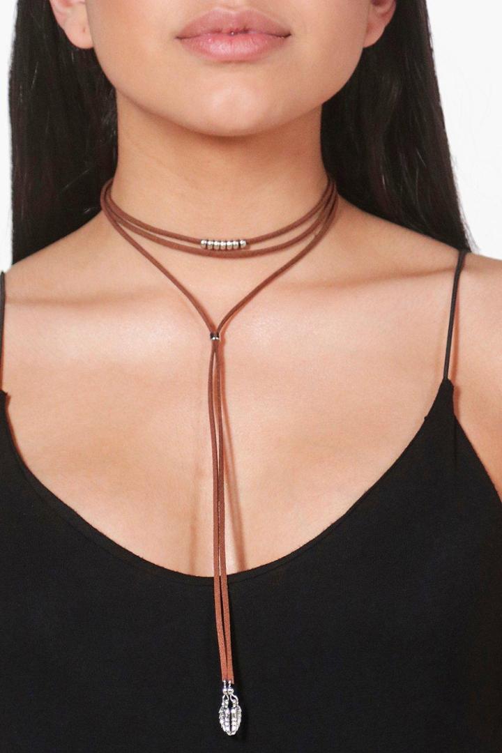 Boohoo Lacey Beaded Metal Feather Tip Tie Choker Tan