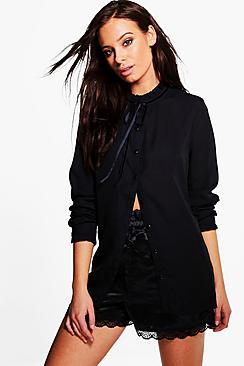 Boohoo Sophia Ruffle Tie Neck Blouse