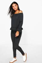 Boohoo Esme Bardot Ruffle Hem Knit Top And Legging Set Black