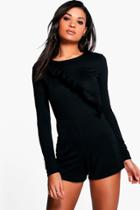 Boohoo Rani Ruffle Long Sleeve Playsuit Black