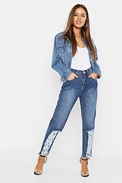 Boohoo Petite Distressed Hem Straight Leg Jeans