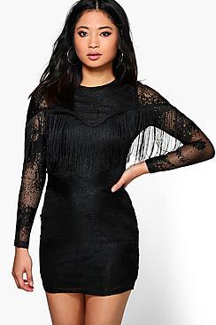 Boohoo Petite Tara Lace Tassel Detail Bodycon Dress