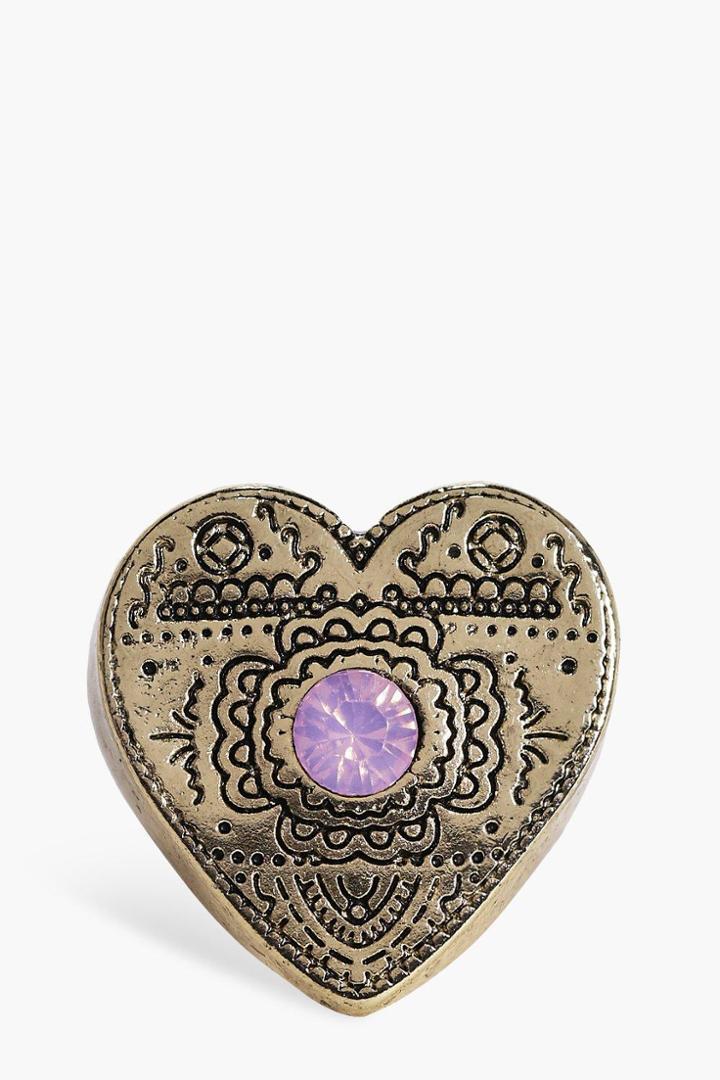 Boohoo Katie Engraved Stone Set Heart Ring Gold