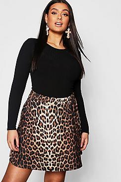 Boohoo Plus Leopard Print Skater Skirt