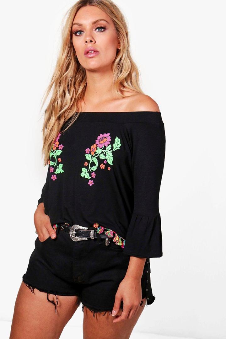 Boohoo Plus Annie Printed Off The Shoulder Tassel Top Black