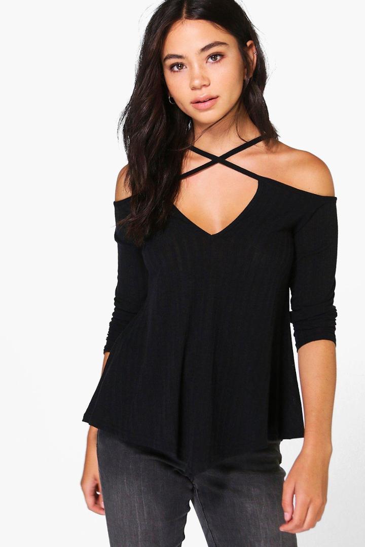 Boohoo Sarah Strappy Cold Shoulder Ribbed T-shirt Black