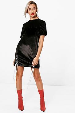 Boohoo Lace Up Embossed Slogan T-shirt Dress