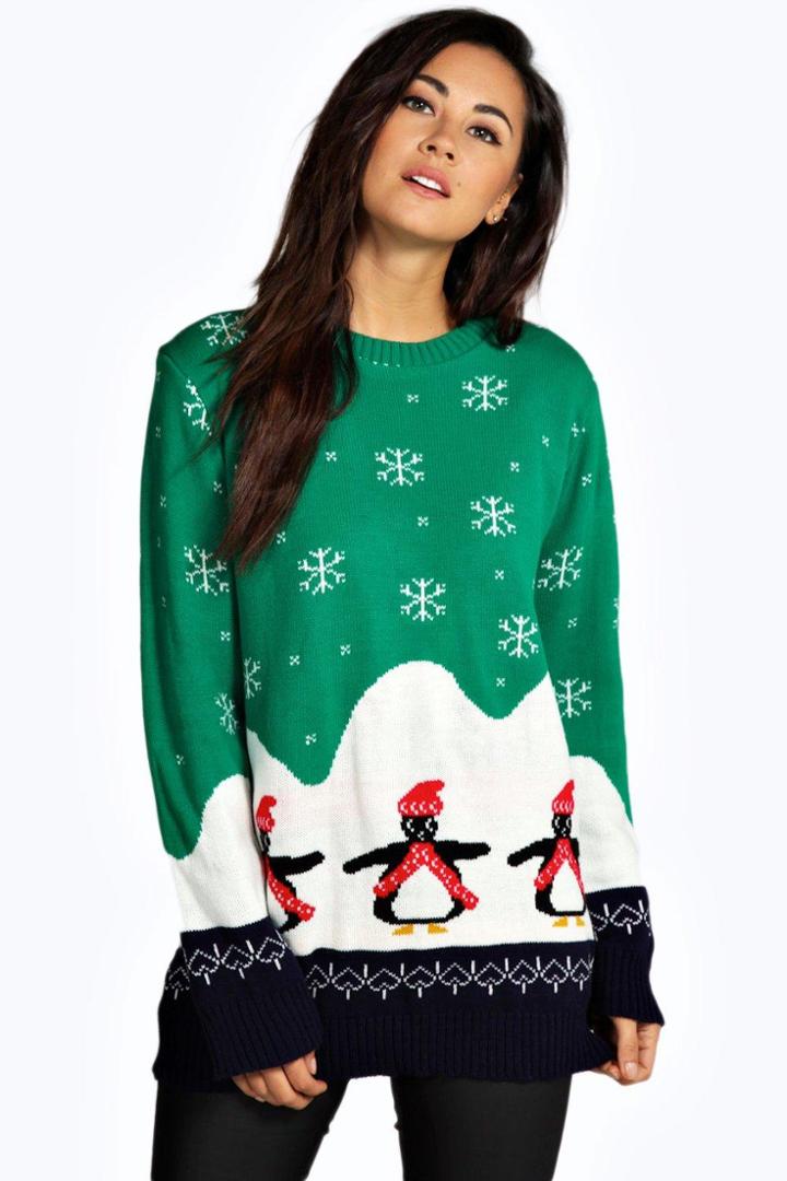 Boohoo Willow Penguin Christmas Jumper Green