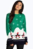 Boohoo Willow Penguin Christmas Jumper Green